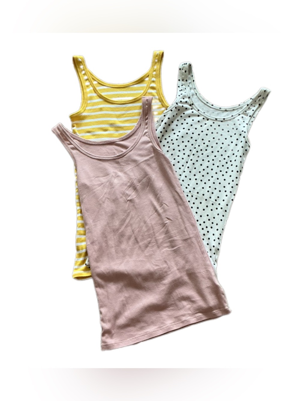 a new day Tank Top 3 Pack: Pink, Yellow Strip, & White with Black Polka Dots
